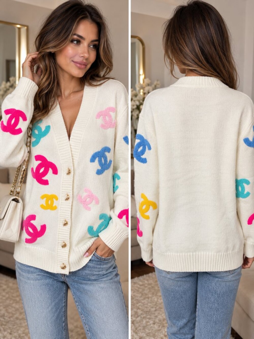 New White Multicolor Logo Knit Cardigan Sweater Size M Gold Tone Buttons